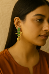 EMERALD BAR DROP EARRINGS WITH GOLD JHUMKA PEARL